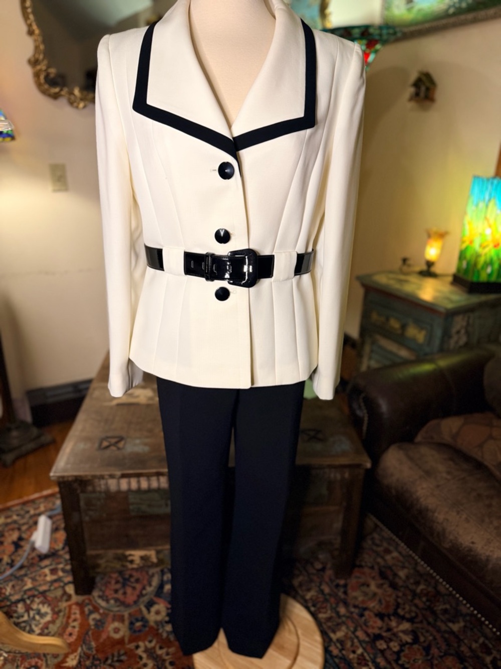 Formal Ivory and Black Belted Blazer Suit